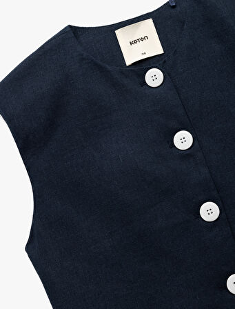 Kolsuz Cepli Bisiklet Yaka Düğmeli Kısa Keten Yelek