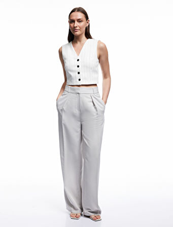 Modal Kumaş Karışımlı Pile Detaylı Cepli Yüksek Bel Geniş Paça Palazzo Pantolon