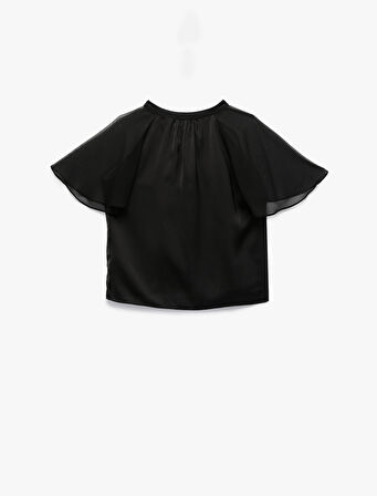 Tül Kısa Karpuz Kollu Bisiklet Yaka Bluz