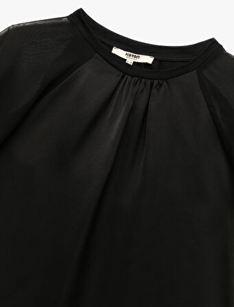 Tül Kısa Karpuz Kollu Bisiklet Yaka Bluz