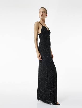 Askılı V Yaka Slim Fit Slip Taşlı Uzun Abiye Elbise