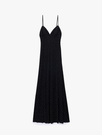 Askılı V Yaka Slim Fit Slip Taşlı Uzun Abiye Elbise