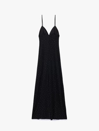 Askılı V Yaka Slim Fit Slip Taşlı Uzun Abiye Elbise