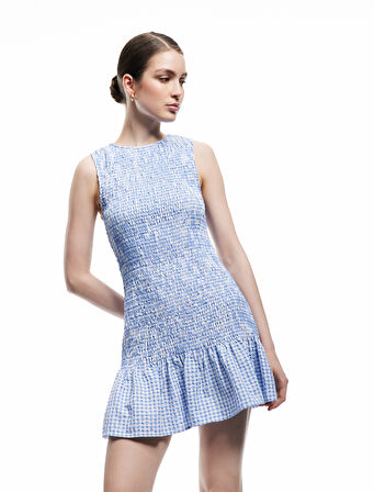 Gipeli Kolsuz Bisiklet Yaka A Kesim Fırfırlı Pötikareli Mini Elbise