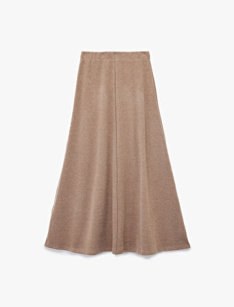 Dikiş Detaylı Pamuk Karışımlı Midi Kloş Triko Etek