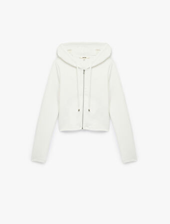 Uzun Kollu Viskon Karışımlı Kapüşonlu Tam Fermuarlı Sweatshirt
