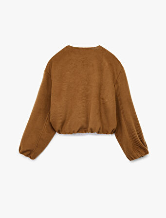 Uzun Kollu Fermuarlı Bisiklet Yaka Kadife Crop Bomber Ceket