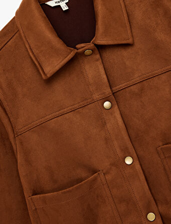 Cepli Uzun Kollu Gömlek Yaka Crop Suni Süet Ceket