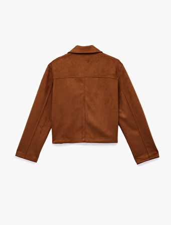 Cepli Uzun Kollu Gömlek Yaka Crop Suni Süet Ceket