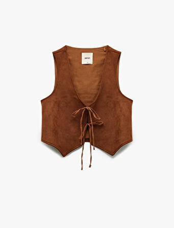 Slim Fit Önden Bağlama Detaylı Fiyonklu Suni Süet Crop Yelek