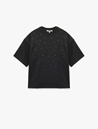 Kısa Kollu Bisiklet Yaka Taş Detaylı Tişört