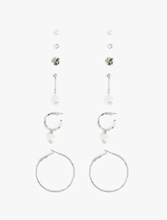 Çelik Karışımlı İnci Detaylı 6'lı Top ve Halka küpe Seti