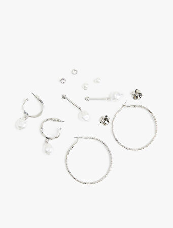 Çelik Karışımlı İnci Detaylı 6'lı Top ve Halka küpe Seti