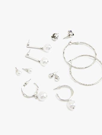 Çelik Karışımlı İnci Detaylı 6'lı Top ve Halka küpe Seti