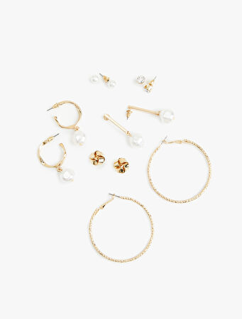 Çelik Karışımlı İnci Detaylı 6'lı Top ve Halka küpe Seti