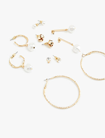 Çelik Karışımlı İnci Detaylı 6'lı Top ve Halka küpe Seti