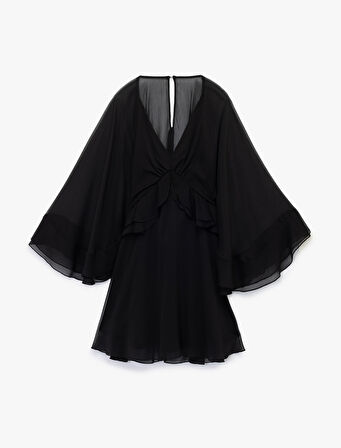 V Yaka Yarasa Kol Volanlı Mini Tül Elbise