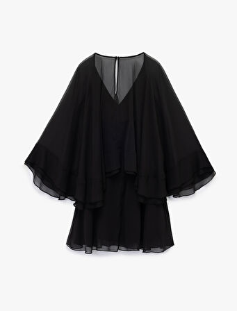 V Yaka Yarasa Kol Volanlı Mini Tül Elbise