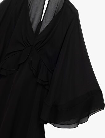 V Yaka Yarasa Kol Volanlı Mini Tül Elbise