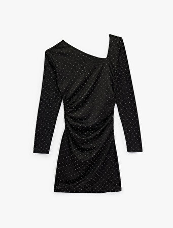Uzun Kollu Asimetrik Yaka Slim Fit Bodycon Taşlı Mini Abiye Elbise