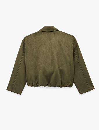 Çıtçıt Düğme Detaylı Fermuarlı Cepli Süet Görünümlü Oversize Bomber Ceket
