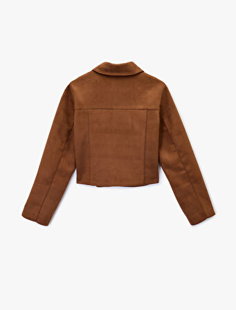 Fermuar Detaylı Uzun Kollu Klasik Yaka Cepli Suni Süet Ceket