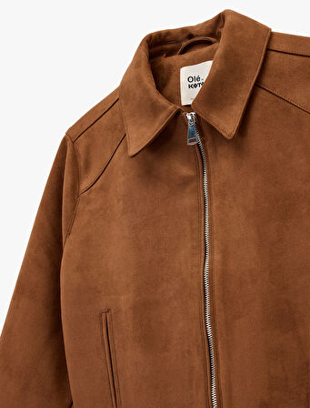 Fermuar Detaylı Uzun Kollu Klasik Yaka Cepli Suni Süet Ceket