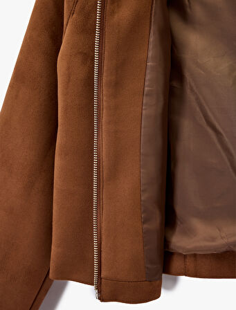 Fermuar Detaylı Uzun Kollu Klasik Yaka Cepli Suni Süet Ceket