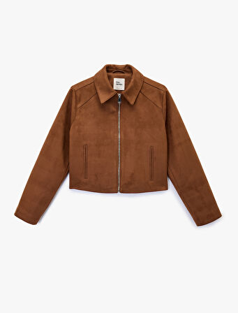 Fermuar Detaylı Uzun Kollu Klasik Yaka Cepli Suni Süet Ceket