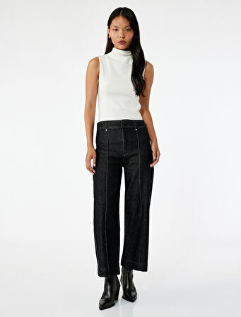 Yüksek Bel Pamuklu Metal Aksesuarlı Nervürlü Kısa Jean Pantolon - Culotte Jeans