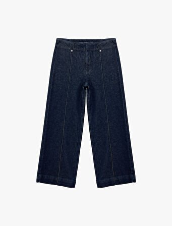 Yüksek Bel Pamuklu Metal Aksesuarlı Nervürlü Kısa Jean Pantolon - Culotte Jeans