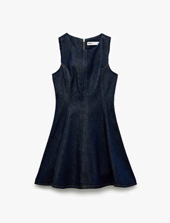 Pamuklu Kolsuz Bisiklet Yaka Mini Denim Elbise
