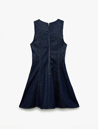 Pamuklu Kolsuz Bisiklet Yaka Mini Denim Elbise