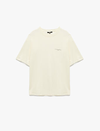 Pamuklu Kısa Kollu Tok Kumaş Bisiklet Yaka Oversize Baskılı Tişört