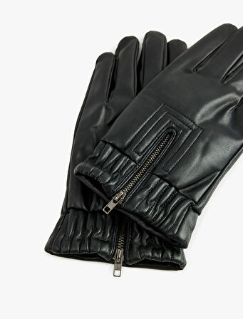 Fermuar Detaylı Suni Deri Eldiven