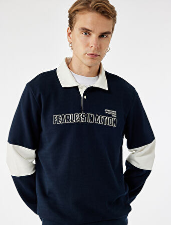 Uzun Kollu Renk Kontrastlı Baskılı Polo Yaka Sweatshirt