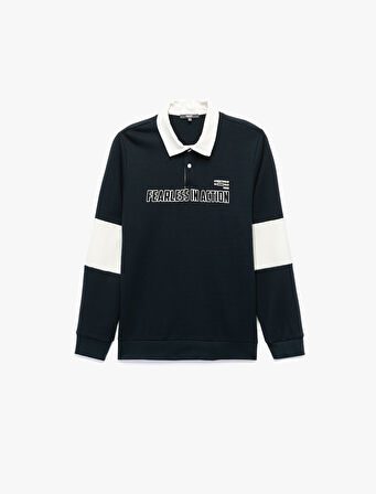 Uzun Kollu Renk Kontrastlı Baskılı Polo Yaka Sweatshirt