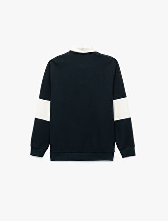 Uzun Kollu Renk Kontrastlı Baskılı Polo Yaka Sweatshirt