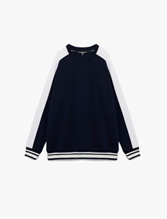Uzun Kollu Renk Kontrastlı Pamuklu Bisiklet Yaka Sweatshirt