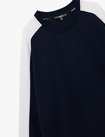 Uzun Kollu Renk Kontrastlı Pamuklu Bisiklet Yaka Sweatshirt