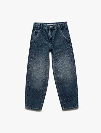 Taş Detaylı Pamuklu Rahat Kesim Denim Pantolon