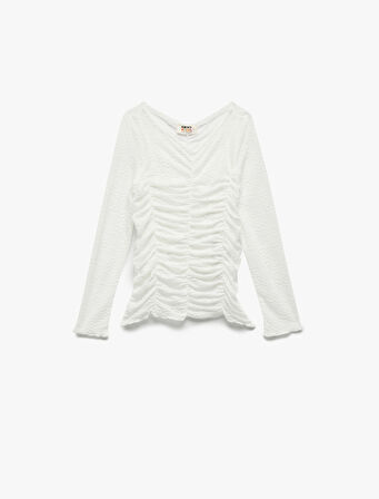 Uzun Kollu Slim Fit Büzgülü Tül Bluz