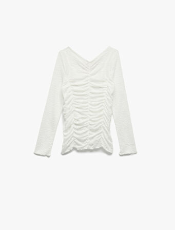 Uzun Kollu Slim Fit Büzgülü Tül Bluz