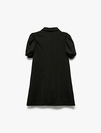 Fermuar Detaylı Balon Kollu Gömlek Yaka Elbise