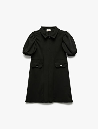 Fermuar Detaylı Balon Kollu Gömlek Yaka Elbise