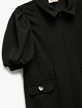 Fermuar Detaylı Balon Kollu Gömlek Yaka Elbise