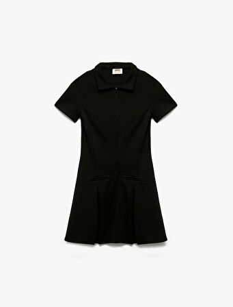 Slim Fit Polo Yaka Yarım Fermuarlı Kısa Kollu Viskon Karışımlı Mini Elbise