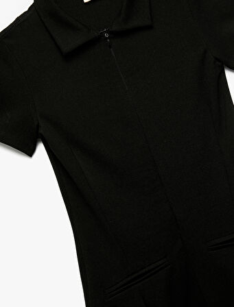 Slim Fit Polo Yaka Yarım Fermuarlı Kısa Kollu Viskon Karışımlı Mini Elbise