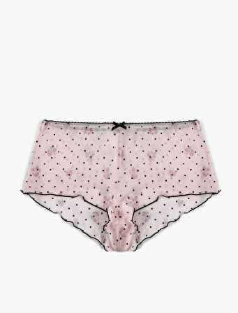 Slim Fit Fiyonklu Puantiyeli Çiçekli Tül Pijama Altı