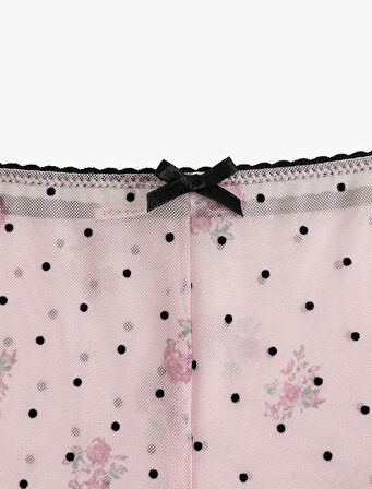 Slim Fit Fiyonklu Puantiyeli Çiçekli Tül Pijama Altı